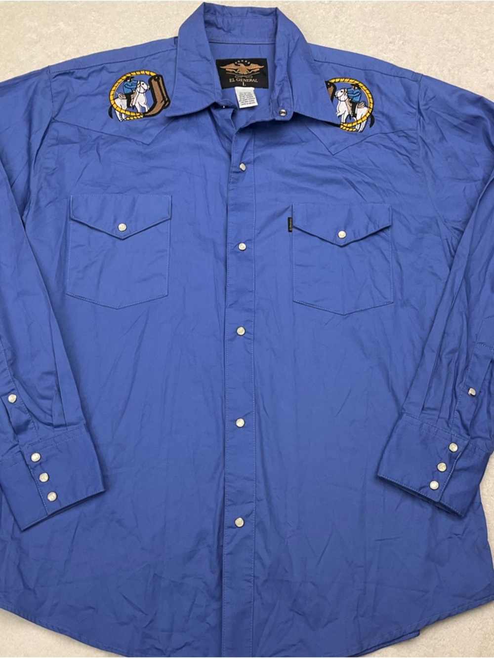EL GENERAL Embroidered Mexican Cowboy Blue Long Sleeve Button Down Mens Shirt